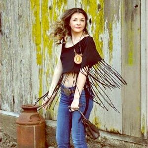 Cotton jersey knit crop top with fringe